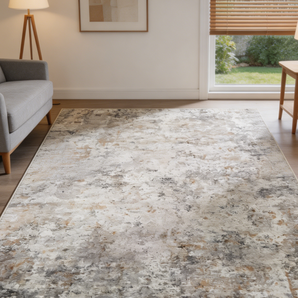 Brown/Grey Neutral Abstract Thin Non-Slip Washable Rug