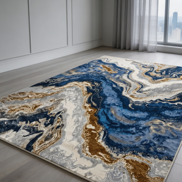White/Blue/Gold Marble Abstract Machine Washable Non-Slip Rug