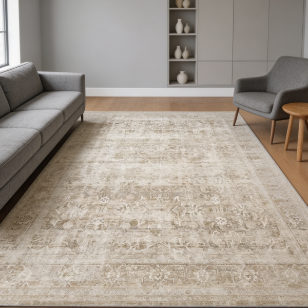 Beige Vintage Distressed Oriental Soft Non-Slip Washable Rug