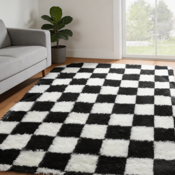 Black & White Checkered Fluffy Shag Area Rug