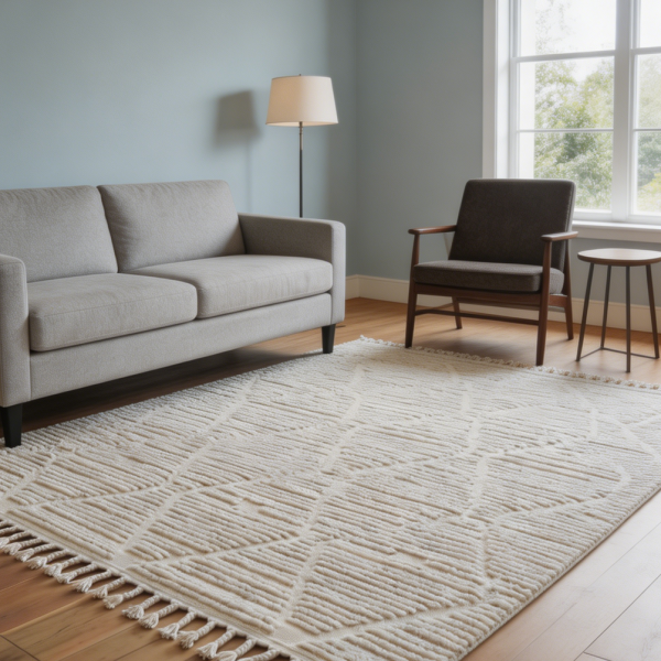Beige Moroccan Trellis Tassel Non-Shedding Area Rug