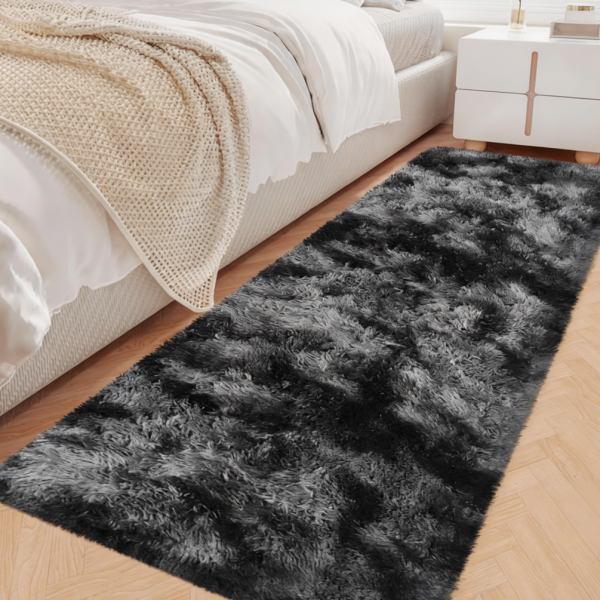 Black/Grey Tie-Dyed Fluffy Bedside Runner Rug