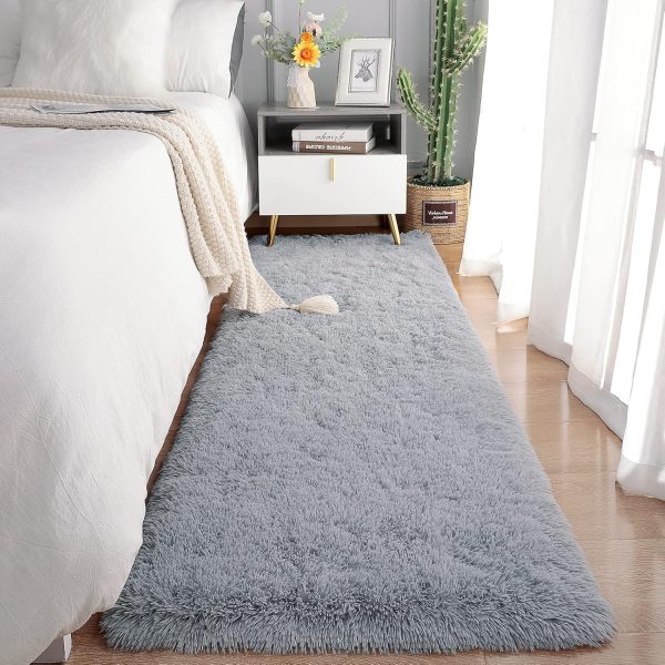Grey Plush Fluffy Shag Non-Shedding Runner Rug