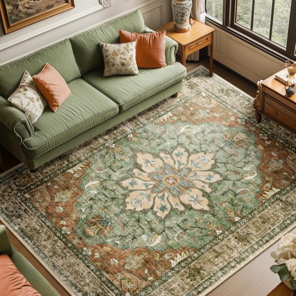 Terracotta/Orange/Green Floral Vintage Medallion Washable Rug