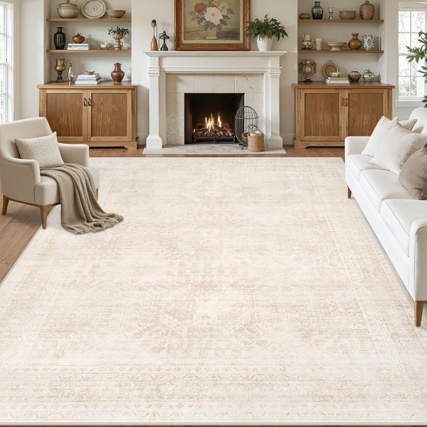 Beige Boho Vintage Neutral Non-Slip Washable Rug