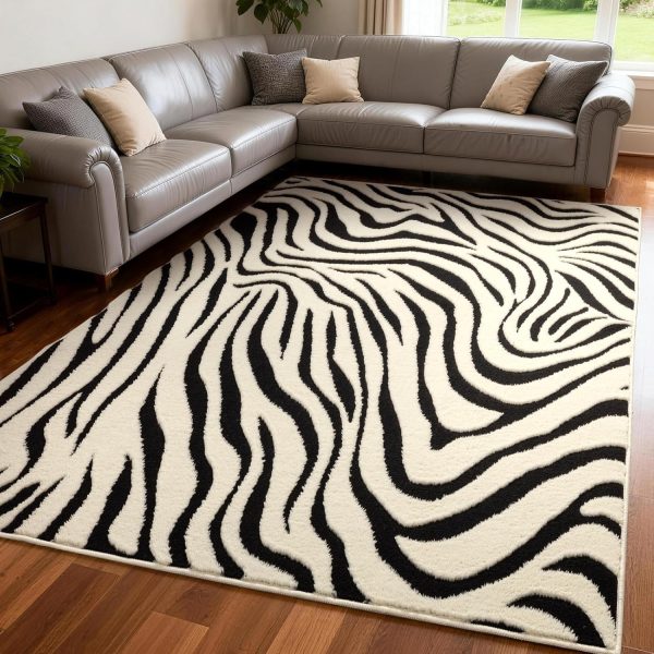 Black & Cream Abstract Striped Non-Shedding Washable Rug