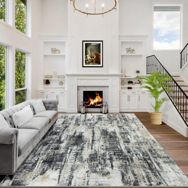 Black/Grey/Gold Abstract Soft Anti-Skid Washable Rug