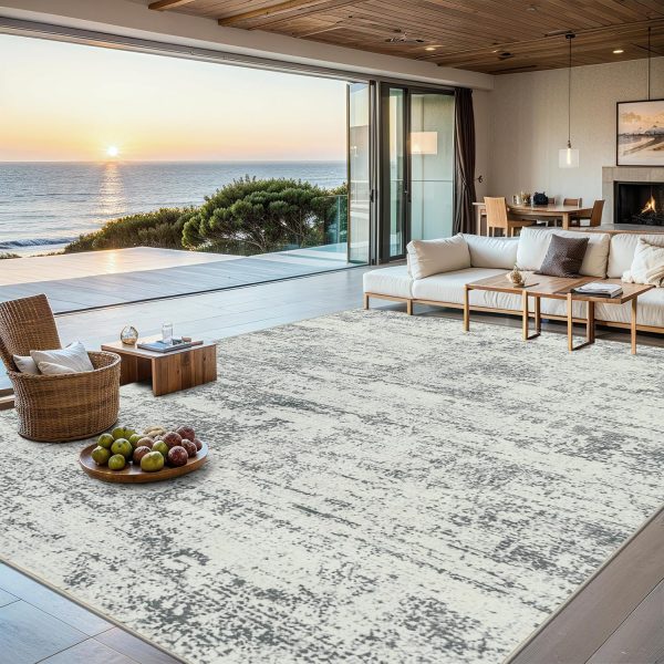 Grey Abstract Thin Stain Resistant Non-Slip Washable Rug