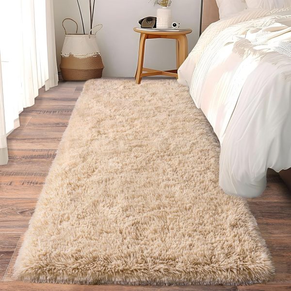 Beige Fluffy Shag Non-Slip Long Furry Runner Rug